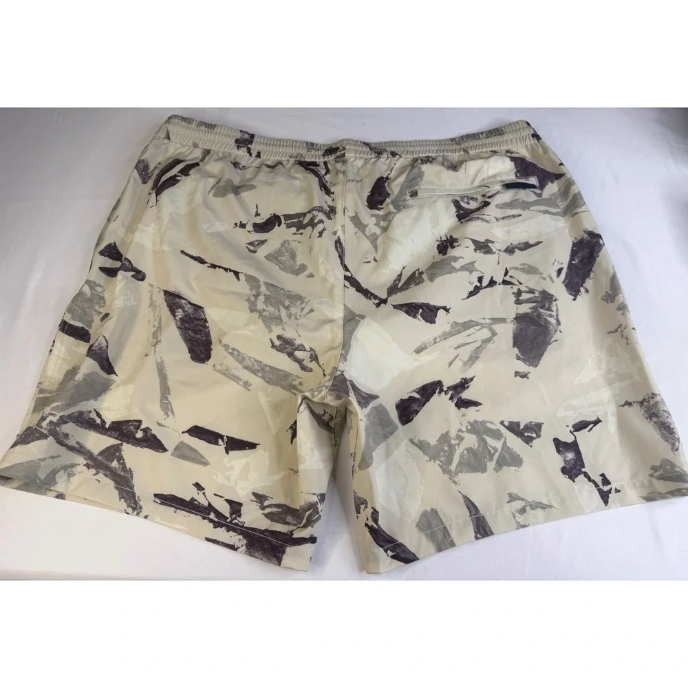 Club Monaco Mens XXL Abstract Print Swim Trunks Cream Grey Drawstring Mesh Liner